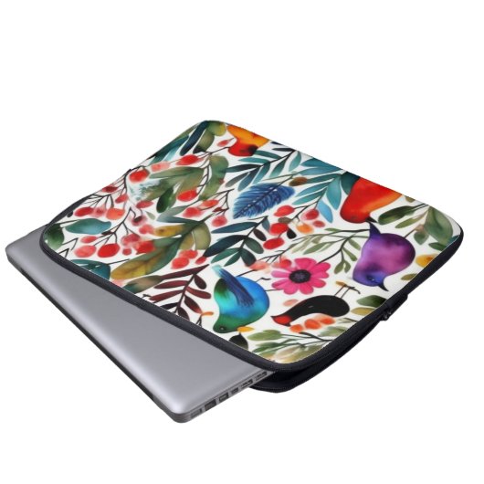 Farbige Blumenvögel Laptopschutzhülle (Vorne Knopf)