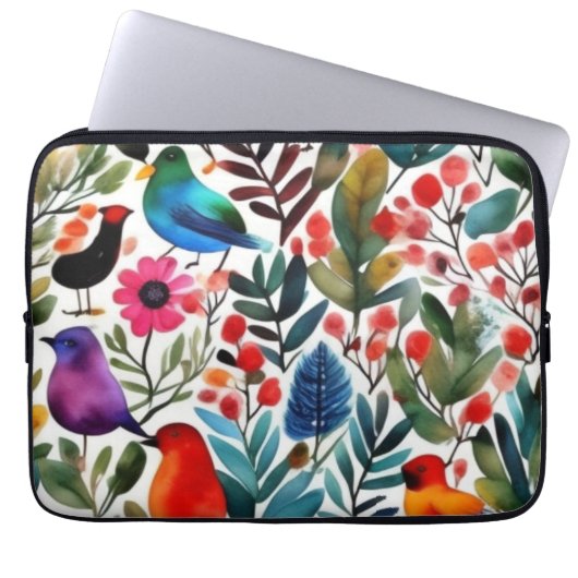 Farbige Blumenvögel Laptopschutzhülle (Vorderseite)