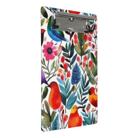 Farbige Blumenvögel Mini Klemmbrett (Schrägansicht)
