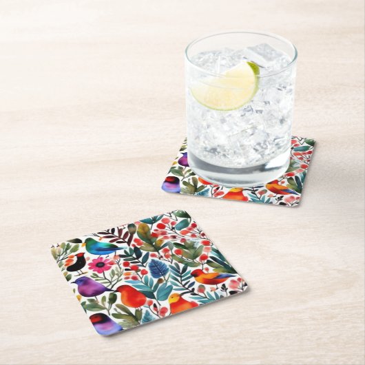 Farbige Blumenvögel Rechteckiger Pappuntersetzer (Vor Ort)