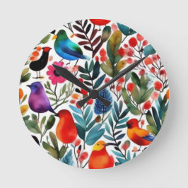 Farbige Blumenvögel Runde Wanduhr
