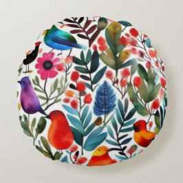 Farbige Blumenvögel Rundes Kissen
