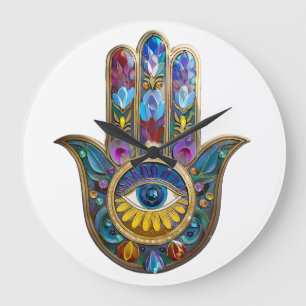 Farbige Blütenblätter Hamsa Saphir Drittes Auge Große Wanduhr