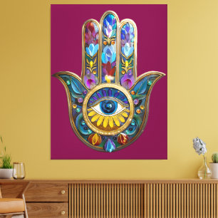 Farbige Blütenblätter Hamsa Saphir Drittes Auge Leinwanddruck
