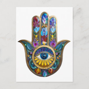 Farbige Blütenblätter Hamsa Saphir Drittes Auge Postkarte