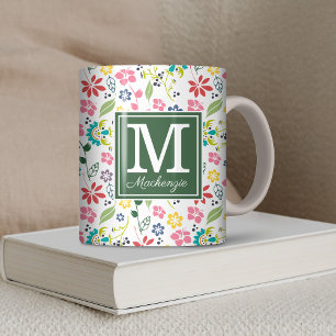 Farbige Bohemische Frühlingsblumen Grünes Monogram Kaffeetasse