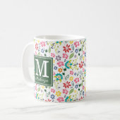 Farbige Bohemische Frühlingsblumen Grünes Monogram Kaffeetasse (Vorderseite Links)