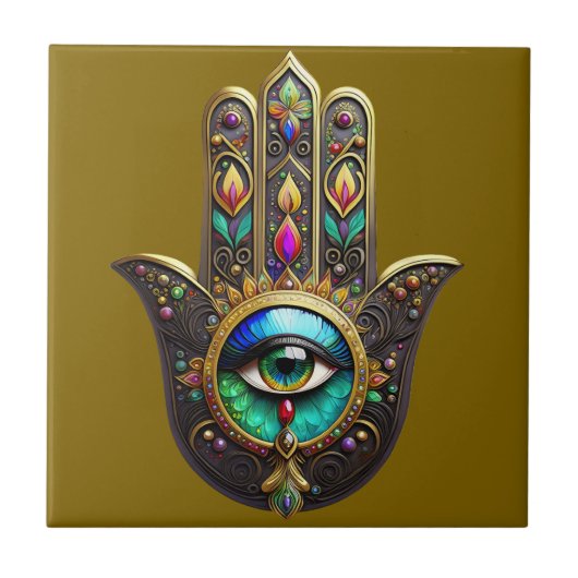 Farbige braune Gold Hamsa Regenbogenfarbe Drittes  Fliese (Vorderseite)