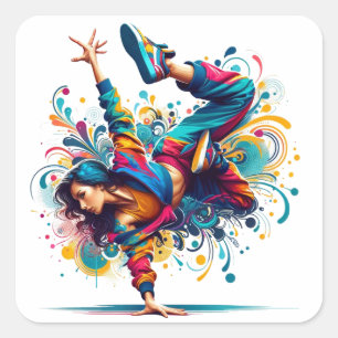 Farbige Breakdance-Girl-Kunst Quadratischer Aufkleber