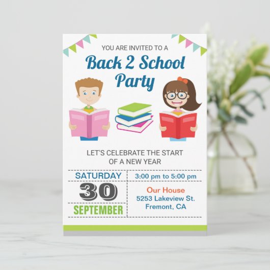 Farbige Bücher| Zurück zur Party Einladung der Sch (Stehend Vorderseite)