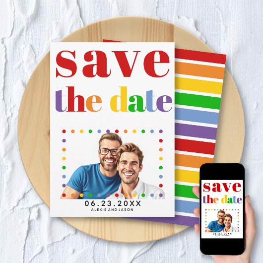 Farbige Buchstaben, Punkte und Streifen, rotes Gay Save The Date