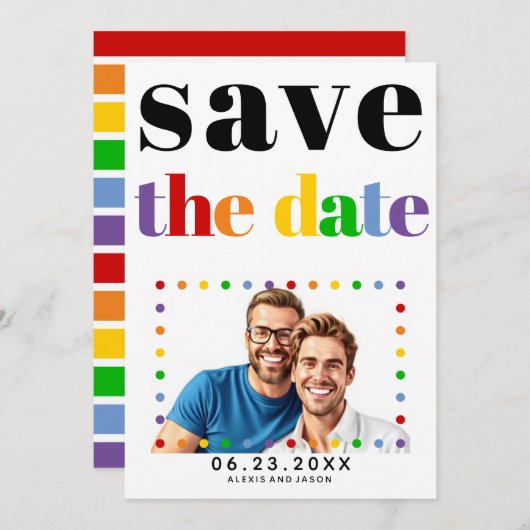 Farbige Buchstaben, Punkte und Streifen, schwarzes Save The Date (Vorne/Hinten)