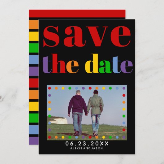 Farbige Buchstaben, schwarz-rote Streifen, Gay-Fot Save The Date (Vorne/Hinten)