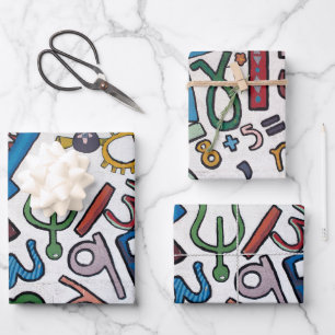 Farbige Buchstaben und Zahlen Geschenkpapier Set