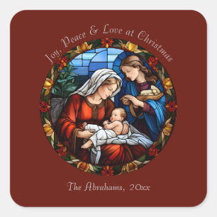 Farbige Buntglas Vintage Weihnachten Quadratischer Aufkleber