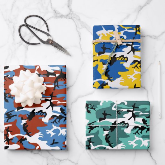 Farbige Camouflage Geschenkpapier Set (Vorderseite)