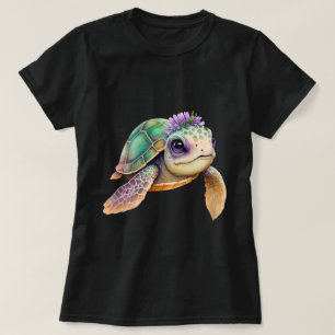 Farbige Cartoon Schildkröte mit Blumenkronen T-Shirt