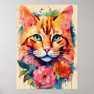 Farbige Cat Silhouette Watercolor Wall Poster