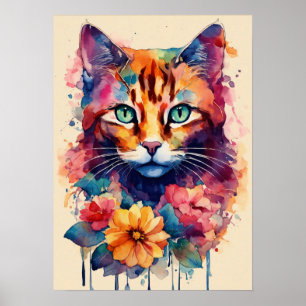 Farbige Cat Silhouette Watercolor Wall Poster