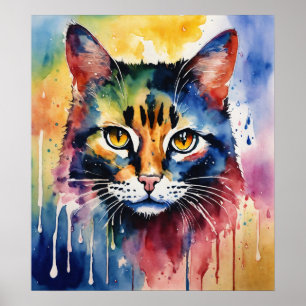 Farbige Cat Silhouette Watercolor Wall Poster