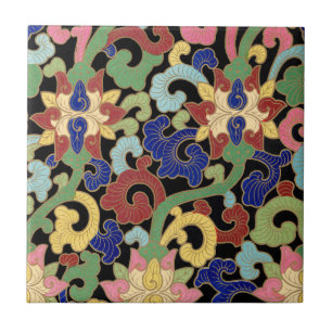 Farbige Chinoiserie Blumenelemente auf Schwarz Fliese