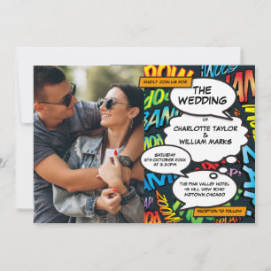 Farbige Comic-Modern-Fun-Foto-Hochzeit Einladung