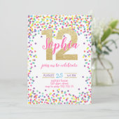 Farbige Confetti Gold Number Girl 12. Geburtstag Einladung (Stehend Vorderseite)