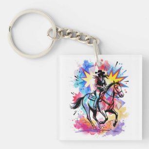 Farbige Cowgirl Pferd Wasserfarbe Pop Art Schlüsselanhänger