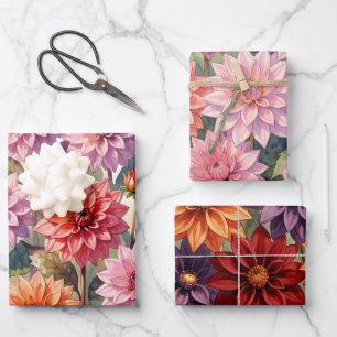 Farbige Dahlien-Blumen-Frühlings-Botanik Geschenkpapier Set