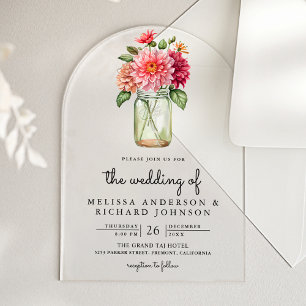 Farbige Dahlien Blumen Mason Glas Hochzeit Acryleinladungen