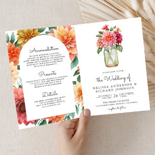 Farbige Dahlien-Blumen-Mason-Glas-QR-Code-Hochzeit Einladung