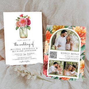 Farbige Dahlien-Blumen-Mason-Glas-QR-Code-Hochzeit Einladung