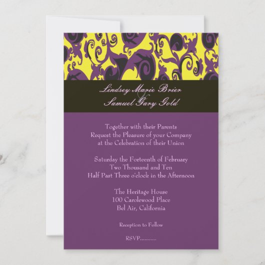 Farbige Damast/Pflaume/Gelb/Schwarz/Lavendel Einladung (Vorderseite)