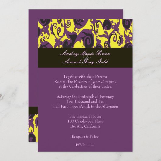 Farbige Damast/Pflaume/Gelb/Schwarz/Lavendel Einladung (Vorne/Hinten)