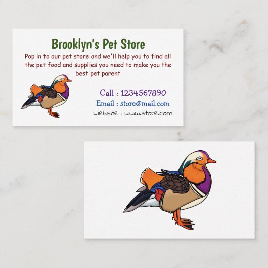 Farbige Darstellung der Mandarinenente Visitenkarte (Vorne/Hinten)