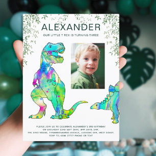 Farbige Dinosaurier-Jungs 3. Geburtstagsfeier Foto Einladungspostkarte