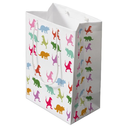 Farbige Dinosaurier Muster Mittlere Geschenktüte (Rückseite Schrägansicht)