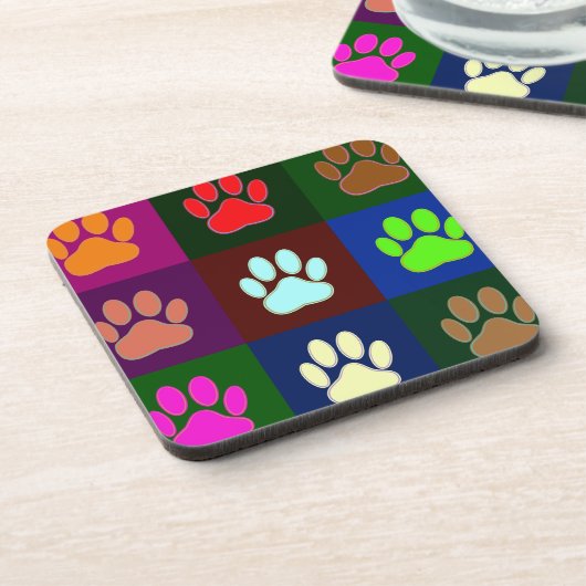 Farbige Dog Paw Print Patches Getränkeuntersetzer (Linke Seite)