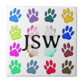 Farbige Dog Paw Print Pattern Square Initialen Fliese (Vorderseite)