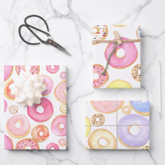 Farbige Donuts Lila gelb rosa Geschenkpapier Set (Vorderseite)