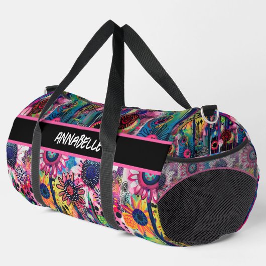 Farbige Doodle-Blume Druckknopfbeutel Duffle Bag (Rechte Ecke)