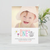 Farbige Doodles 1. Geburtstag Party Einladung | Ki (Stehend Vorderseite)