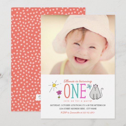 Farbige Doodles 1. Geburtstag Party Einladung | Ki (Vorne/Hinten)