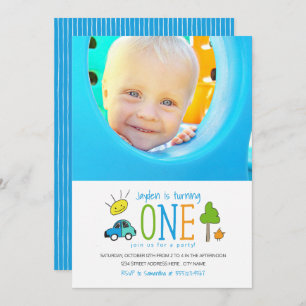 Farbige Doodles 1. Geburtstag Party Sonnenschein Einladung