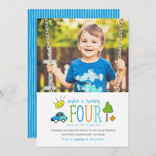 Farbige Doodles 4. Geburtstag Party Einladung / Au (Vorne/Hinten)