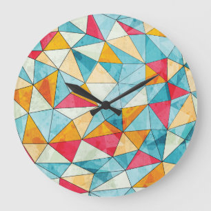 Farbige Dreiecke: Grunge Vintage-Muster Große Wanduhr