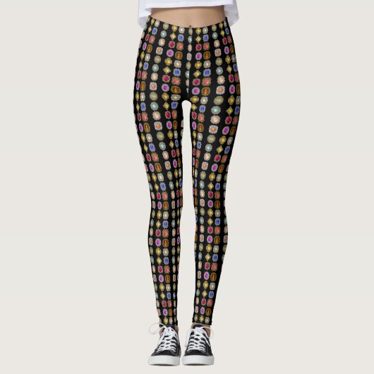 Farbige Edelsteine auf schwarzen Multiprint-Leggin Leggings (Vorderseite)