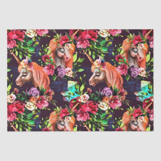 Farbige Einhörner und Blume Rose Seidenpapier (Vorderseite)