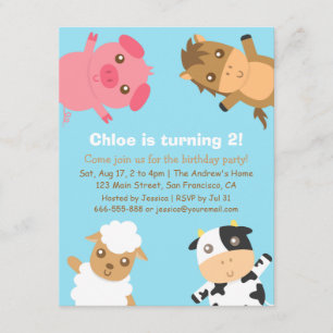 Farbige Einladung zum Geburtstag mit Farmtieren