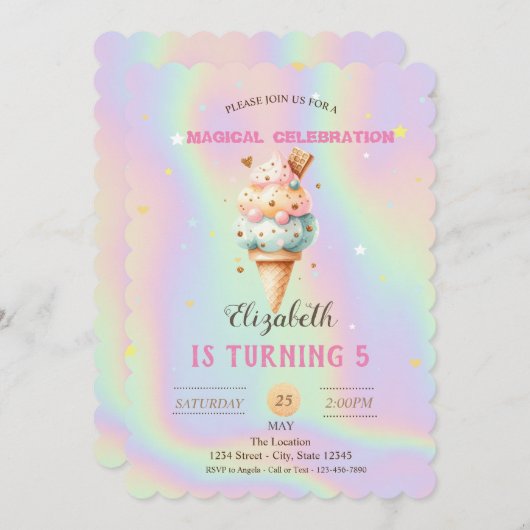 Farbige Eiscreme Holografischer Geburtstag Einladung (Vorne/Hinten)